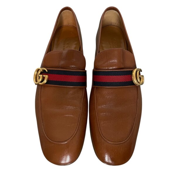 GUCCI Donnie Web Double GG Logo Cognac Leather Loafers Dress Shoes \\ 9.5 (10 US) main image 5